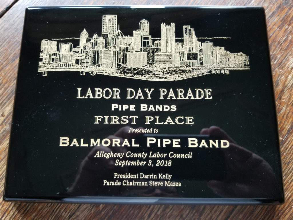 Allegheny Labor Council for Best Pipe Band in the Labor Day Parade, Balmoral Pipes & Drums!