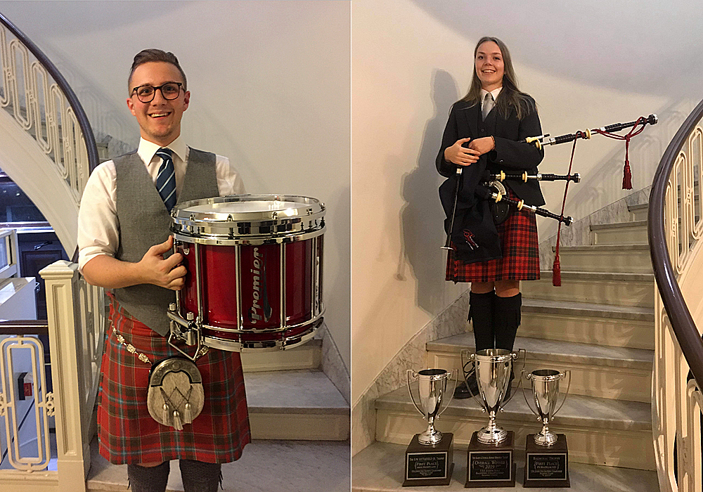 Winners Kaleigh Johnstone (piper) and Nicholas Moore (drummer) holding two of their their prizes - a set of MacRea bagpipes donated by McCallum Bagpipes and a Premier HTS-800 Snare Drum, donated by Henderson Imports, Ltd.